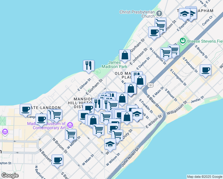 map of restaurants, bars, coffee shops, grocery stores, and more near 141 North Butler Street in Madison