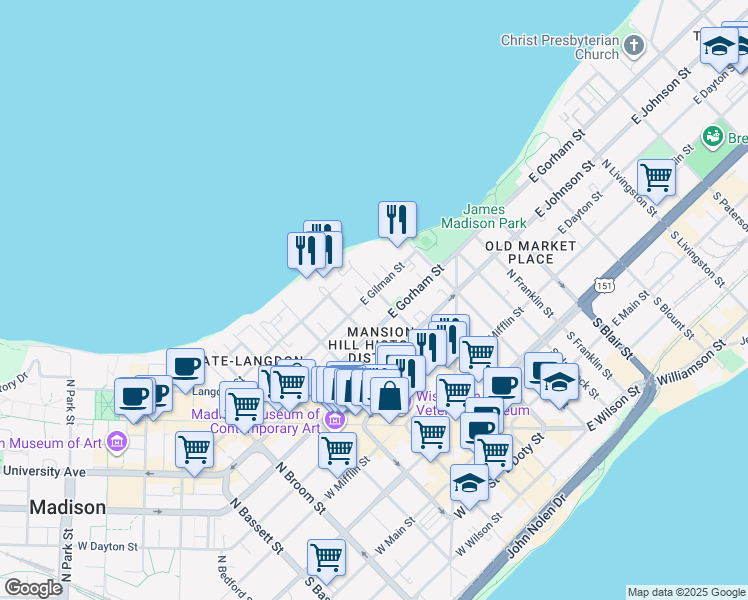 map of restaurants, bars, coffee shops, grocery stores, and more near 424 North Pinckney Street in Madison