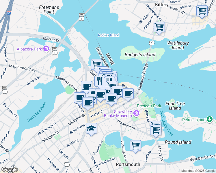 map of restaurants, bars, coffee shops, grocery stores, and more near 100 Market Street in Portsmouth