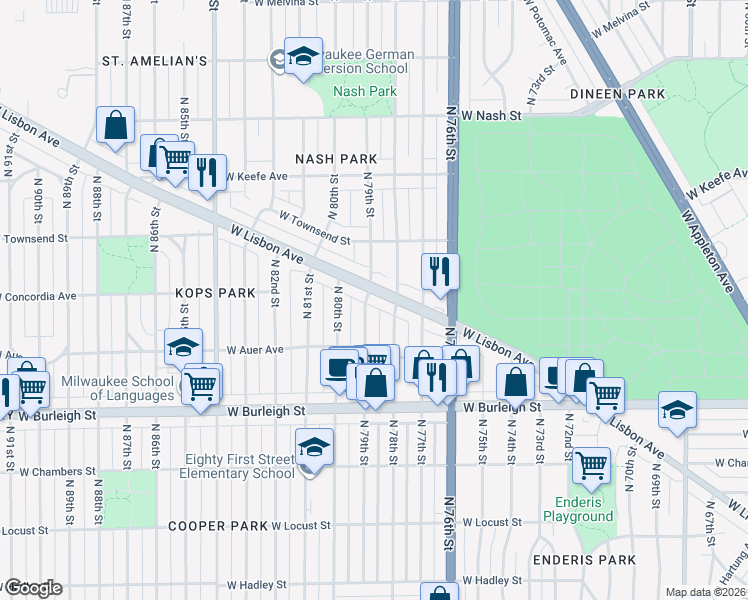 map of restaurants, bars, coffee shops, grocery stores, and more near 3265 North 79th Street in Milwaukee