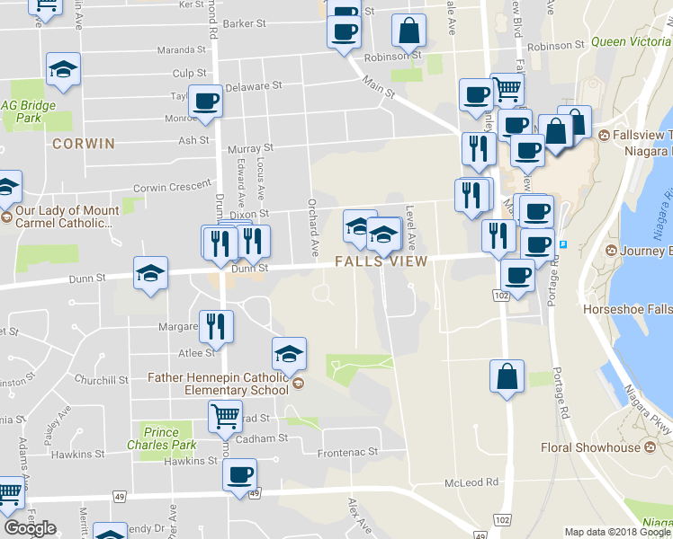 map of restaurants, bars, coffee shops, grocery stores, and more near 5938 Dunn Street in Niagara Falls