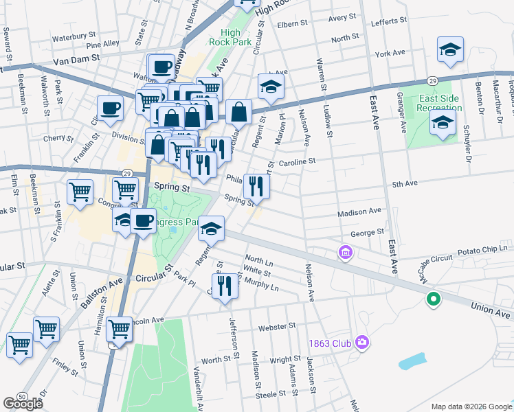 map of restaurants, bars, coffee shops, grocery stores, and more near Spring Street & Court Street in Saratoga Springs