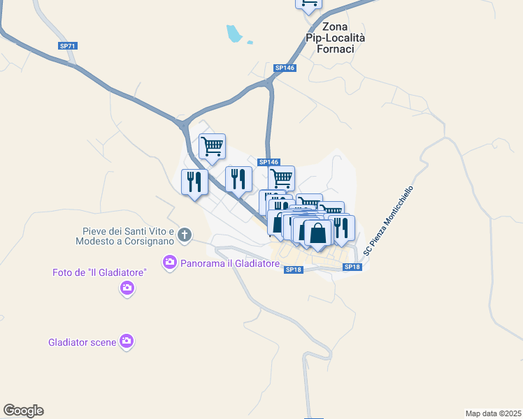 map of restaurants, bars, coffee shops, grocery stores, and more near 4 Via II Risorgimento Italiano in Pienza