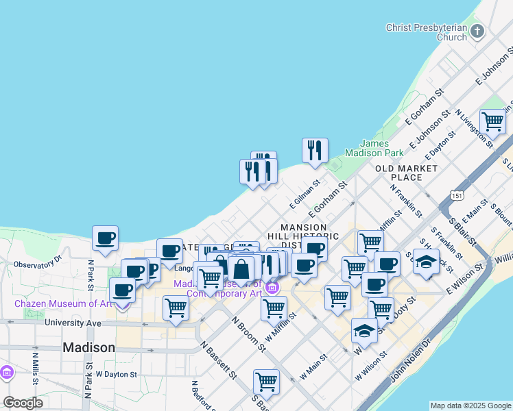 map of restaurants, bars, coffee shops, grocery stores, and more near 10 Langdon Street in Madison