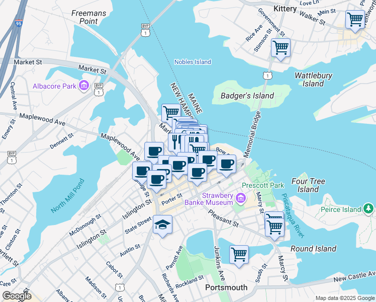 map of restaurants, bars, coffee shops, grocery stores, and more near 123 Market Street in Portsmouth