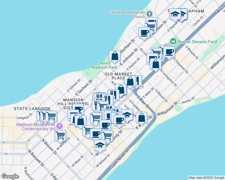 map of restaurants, bars, coffee shops, grocery stores, and more near 109 North Hancock Street in Madison