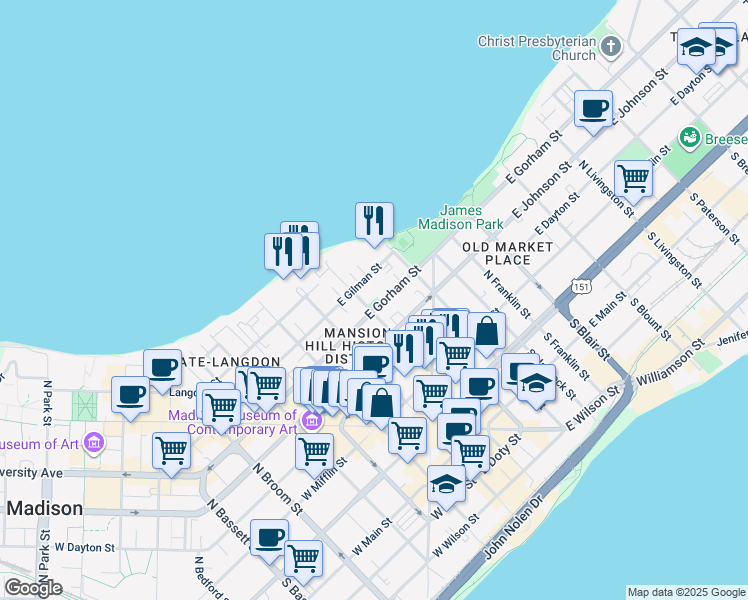 map of restaurants, bars, coffee shops, grocery stores, and more near 104 East Gorham Street in Madison