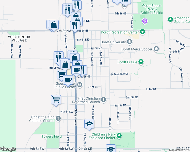 map of restaurants, bars, coffee shops, grocery stores, and more near 220 2nd Street Northeast in Sioux Center