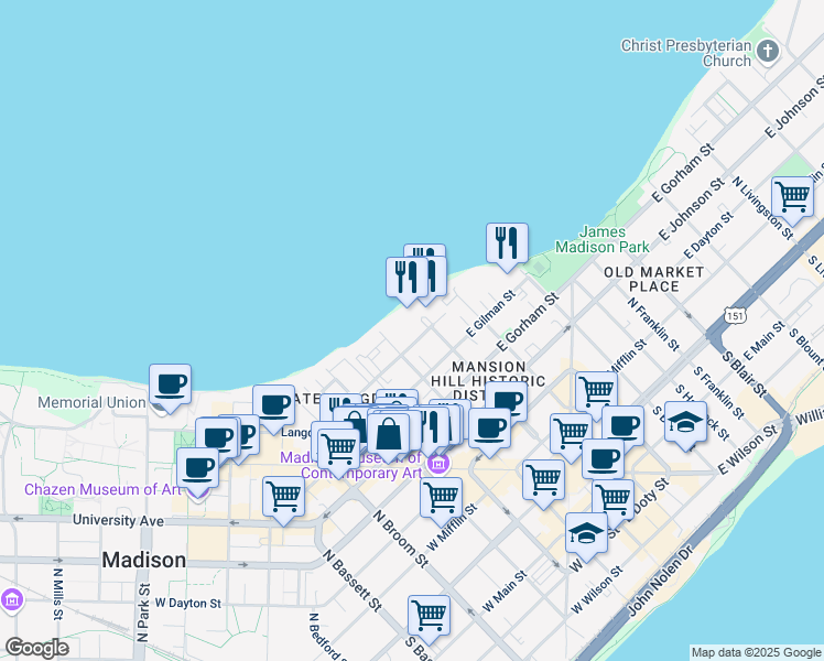 map of restaurants, bars, coffee shops, grocery stores, and more near 22 Langdon Street in Madison