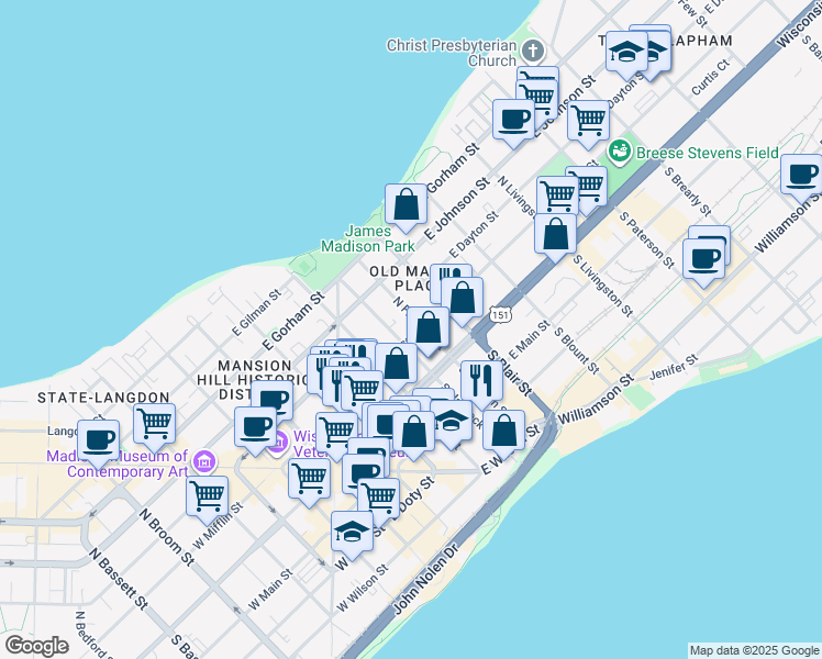 map of restaurants, bars, coffee shops, grocery stores, and more near 102 North Franklin Street in Madison