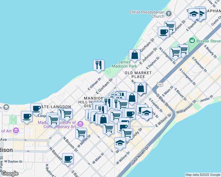 map of restaurants, bars, coffee shops, grocery stores, and more near 134 East Johnson Street in Madison