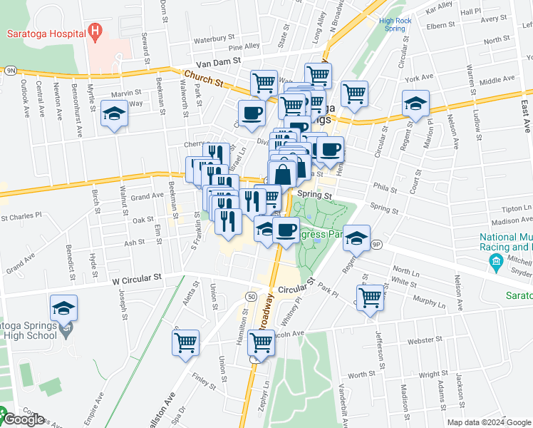 map of restaurants, bars, coffee shops, grocery stores, and more near 24 Congress Street in Saratoga Springs