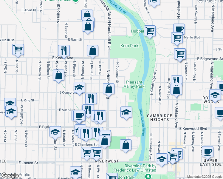 map of restaurants, bars, coffee shops, grocery stores, and more near 3300-3302 North Humboldt Boulevard in Milwaukee