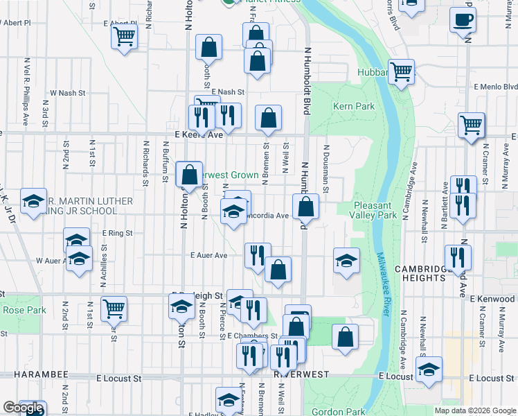 map of restaurants, bars, coffee shops, grocery stores, and more near 3306 North Bremen Street in Milwaukee