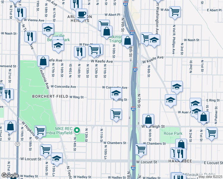 map of restaurants, bars, coffee shops, grocery stores, and more near 3283 North 10th Street in Milwaukee
