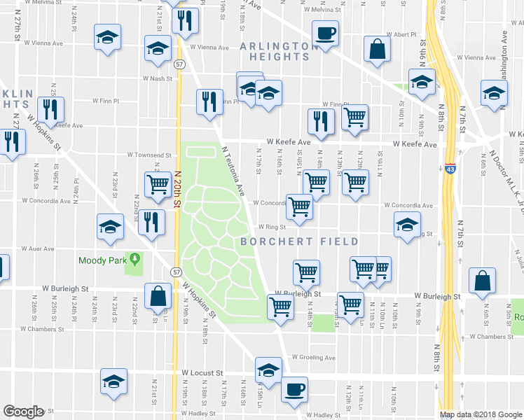 map of restaurants, bars, coffee shops, grocery stores, and more near 3275 North 16th Street in Milwaukee