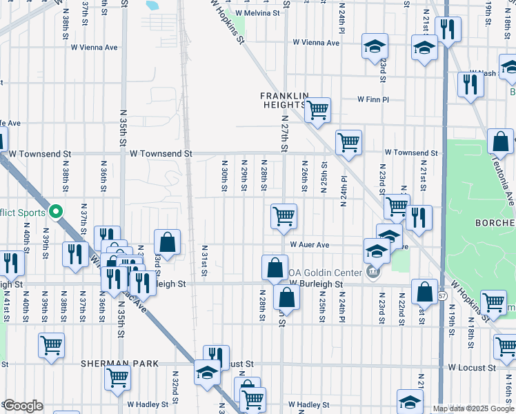 map of restaurants, bars, coffee shops, grocery stores, and more near 3264a North 29th Street in Milwaukee