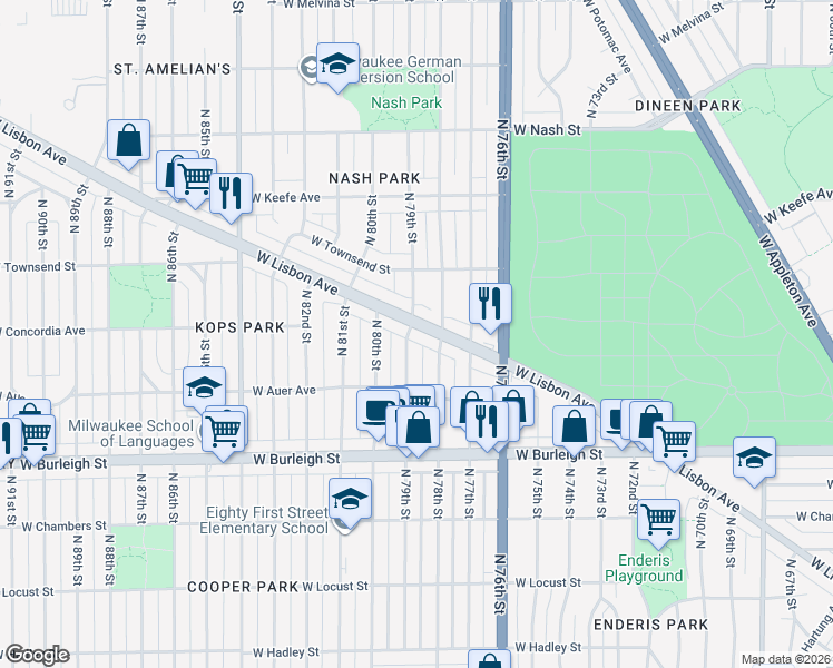 map of restaurants, bars, coffee shops, grocery stores, and more near 3265 North 79th Street in Milwaukee