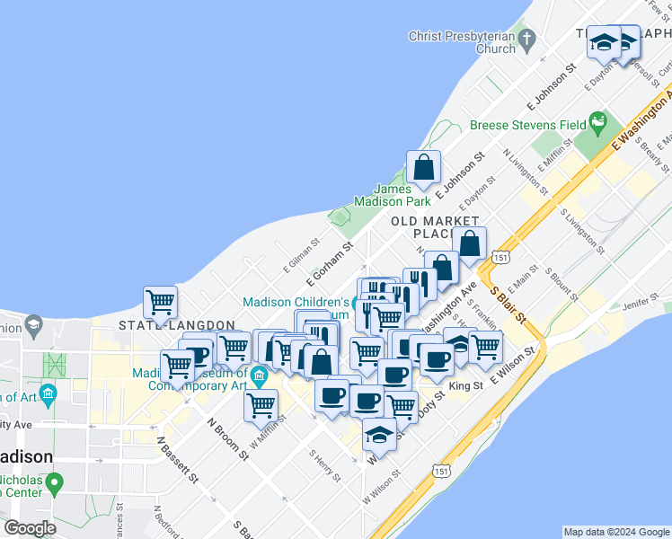 map of restaurants, bars, coffee shops, grocery stores, and more near 134 East Johnson Street in Madison