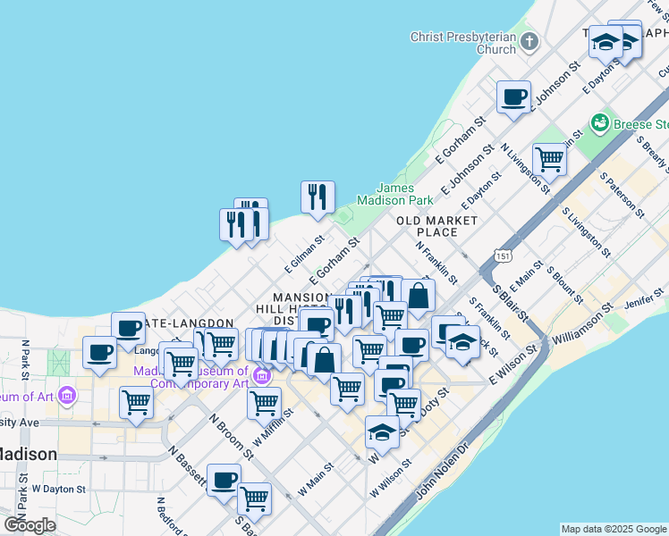 map of restaurants, bars, coffee shops, grocery stores, and more near in Madison