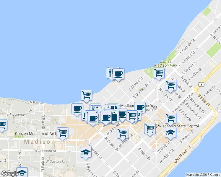map of restaurants, bars, coffee shops, grocery stores, and more near 22 Langdon Street in Madison