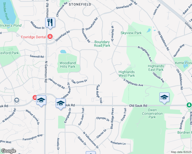 map of restaurants, bars, coffee shops, grocery stores, and more near 9 Shea Court in Madison