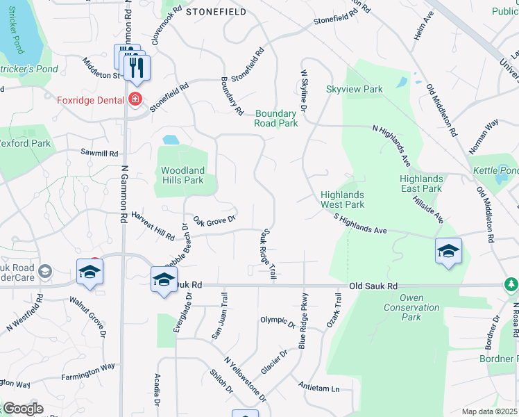 map of restaurants, bars, coffee shops, grocery stores, and more near 9 Shea Court in Madison