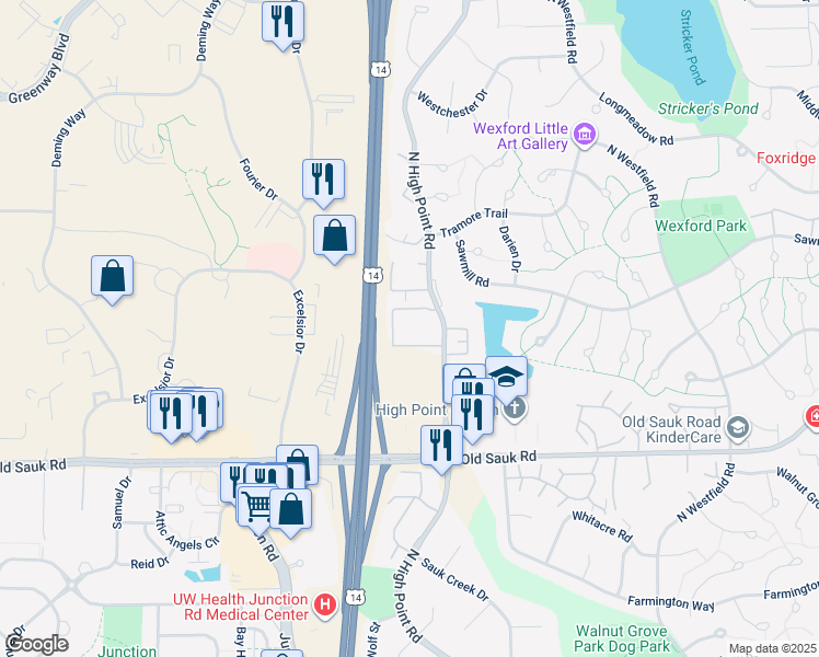 map of restaurants, bars, coffee shops, grocery stores, and more near 902 North High Point Road in Madison