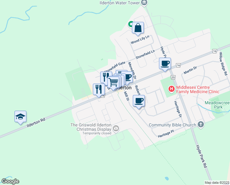 map of restaurants, bars, coffee shops, grocery stores, and more near 13229 Ilderton Road in Ilderton