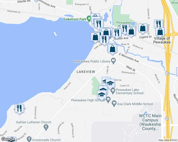 map of restaurants, bars, coffee shops, grocery stores, and more near 285 Cardinal Ridge Dr in Pewaukee