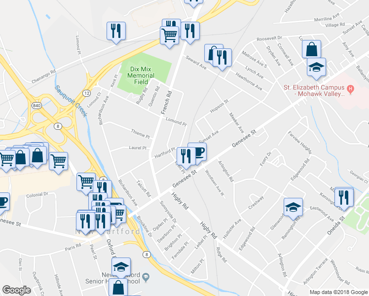 map of restaurants, bars, coffee shops, grocery stores, and more near 1 Kraemer Place in Utica