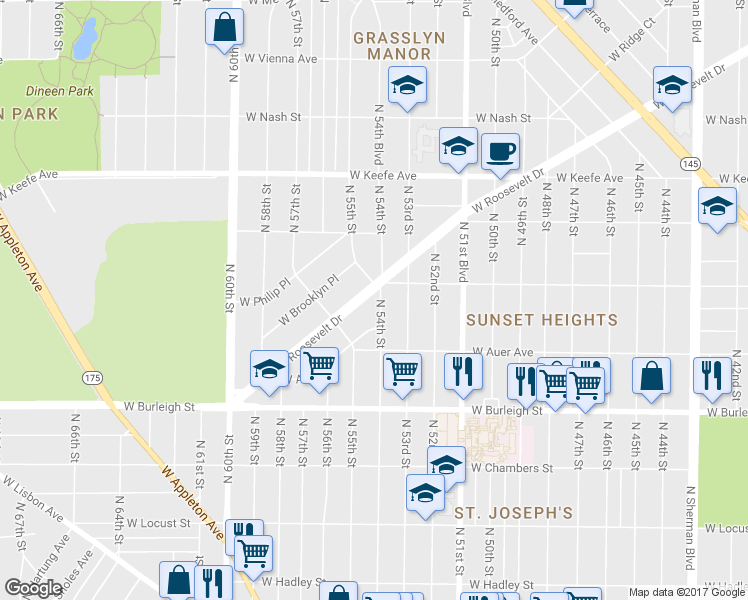 map of restaurants, bars, coffee shops, grocery stores, and more near 5501 West Roosevelt Drive in Milwaukee