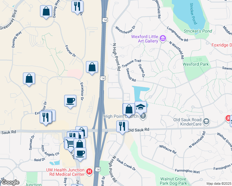 map of restaurants, bars, coffee shops, grocery stores, and more near 902 North High Point Road in Madison