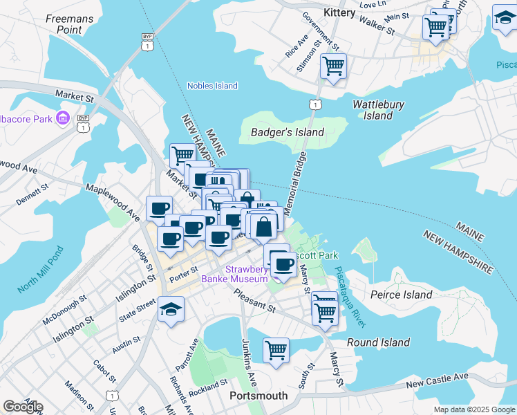map of restaurants, bars, coffee shops, grocery stores, and more near 125 Bow Street in Portsmouth