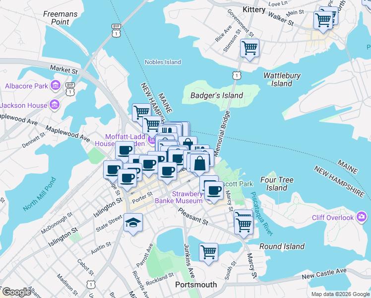 map of restaurants, bars, coffee shops, grocery stores, and more near 105 Chapel Street in Portsmouth