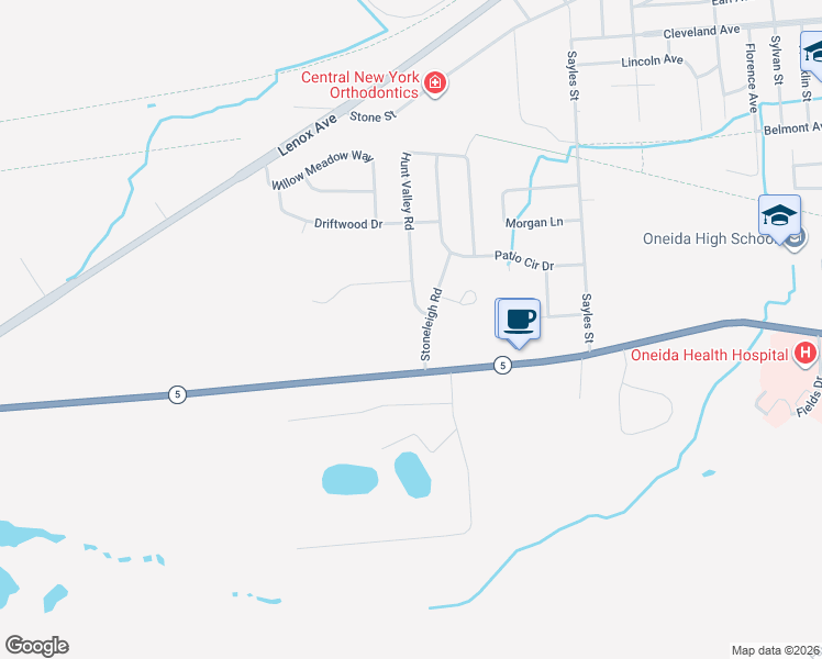 map of restaurants, bars, coffee shops, grocery stores, and more near 588 Stoneleigh Road in Oneida