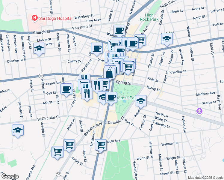 map of restaurants, bars, coffee shops, grocery stores, and more near Broadway & Congress St in Saratoga Springs