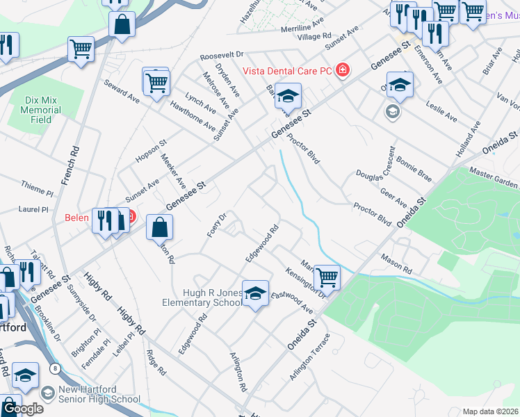 map of restaurants, bars, coffee shops, grocery stores, and more near 110 Southgate Road in Utica