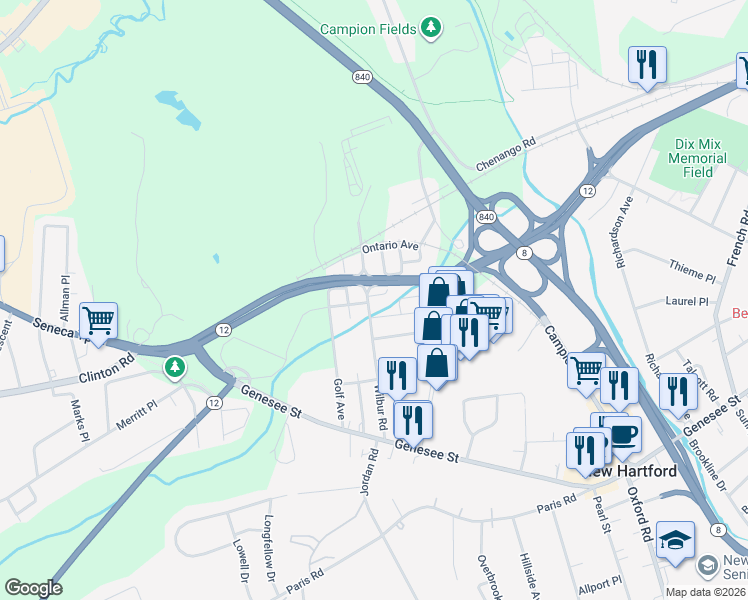 map of restaurants, bars, coffee shops, grocery stores, and more near 42 Wilbur Road in New Hartford