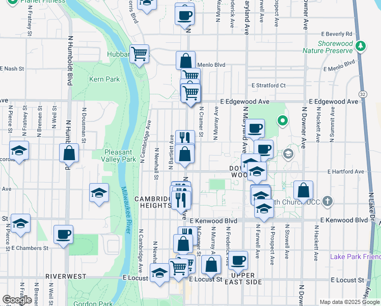 map of restaurants, bars, coffee shops, grocery stores, and more near 3335 North Oakland Avenue in Milwaukee