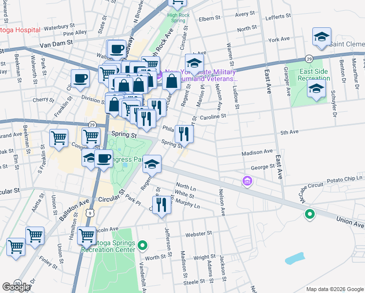 map of restaurants, bars, coffee shops, grocery stores, and more near 65 Court Street in Saratoga Springs