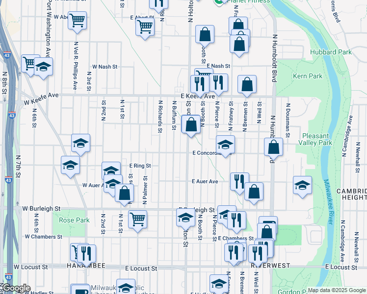 map of restaurants, bars, coffee shops, grocery stores, and more near 404 East Concordia Avenue in Milwaukee