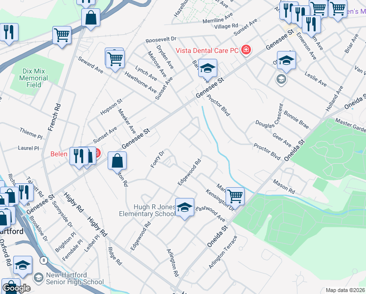 map of restaurants, bars, coffee shops, grocery stores, and more near 110 Southgate Road in Utica