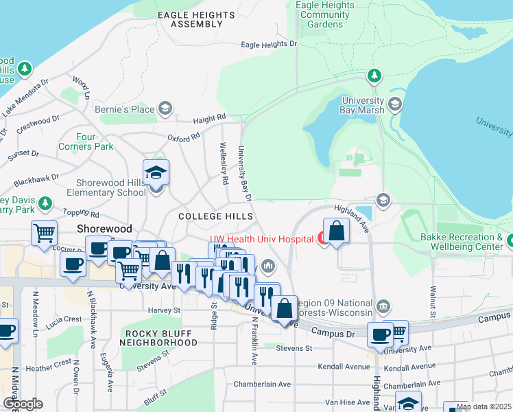 map of restaurants, bars, coffee shops, grocery stores, and more near 1007 University Bay Drive in Madison