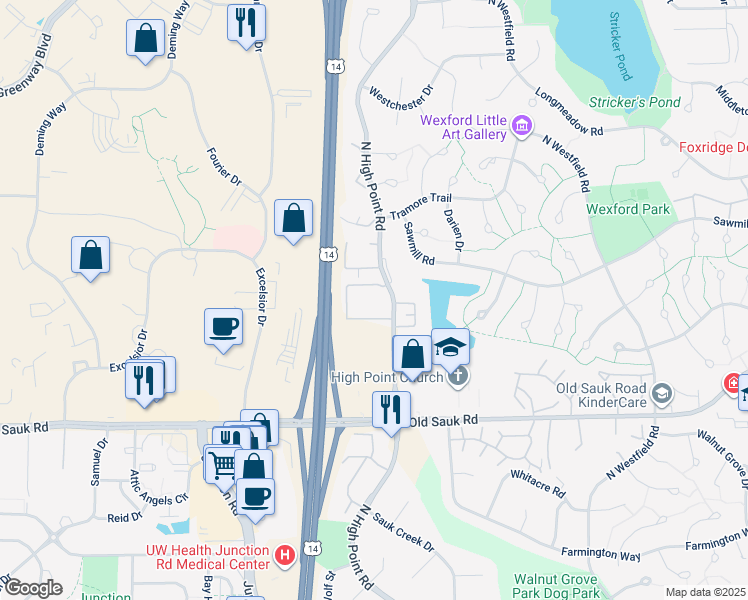 map of restaurants, bars, coffee shops, grocery stores, and more near 902 North High Point Road in Madison