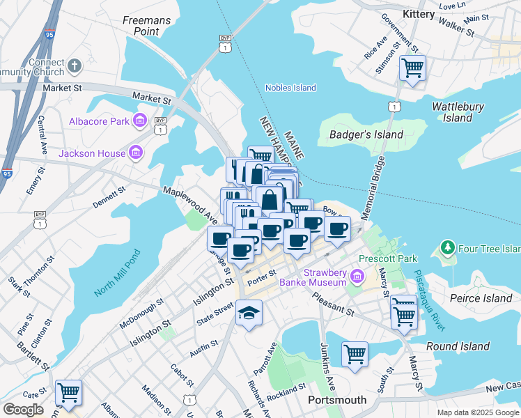 map of restaurants, bars, coffee shops, grocery stores, and more near 28 Deer Street in Portsmouth