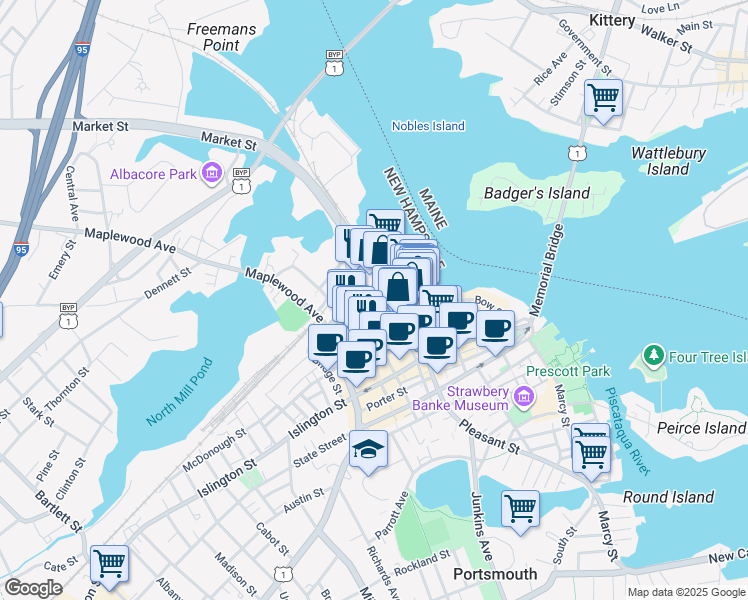 map of restaurants, bars, coffee shops, grocery stores, and more near 28 Deer Street in Portsmouth