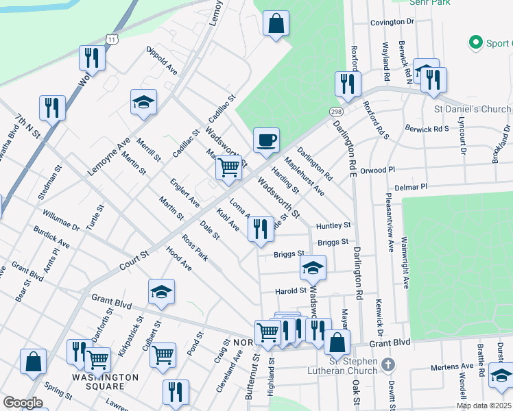 map of restaurants, bars, coffee shops, grocery stores, and more near 140 Loma Avenue in Syracuse