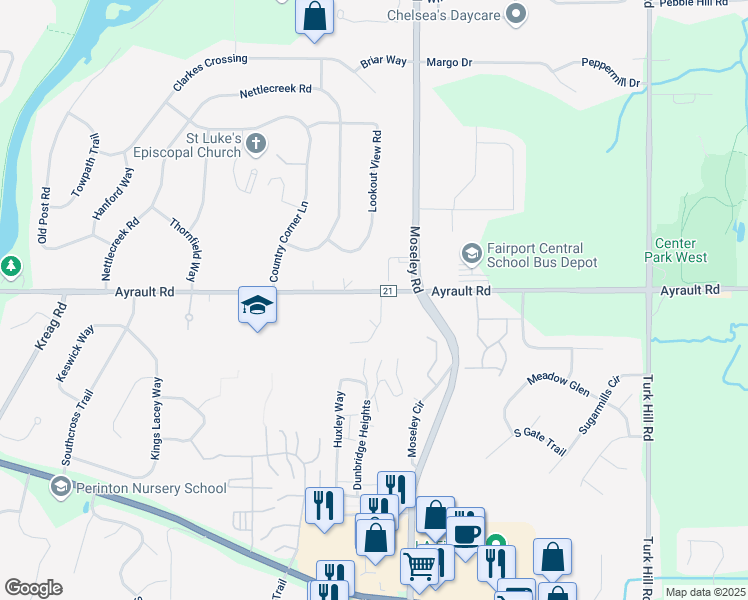 map of restaurants, bars, coffee shops, grocery stores, and more near 5 Brandywine Lane in Fairport