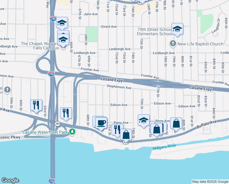 map of restaurants, bars, coffee shops, grocery stores, and more near 339 71st Street in Niagara Falls